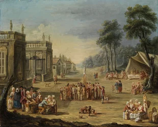 Fête de jardin courtoise avec une tente et un artiste dans une foule émerveillée